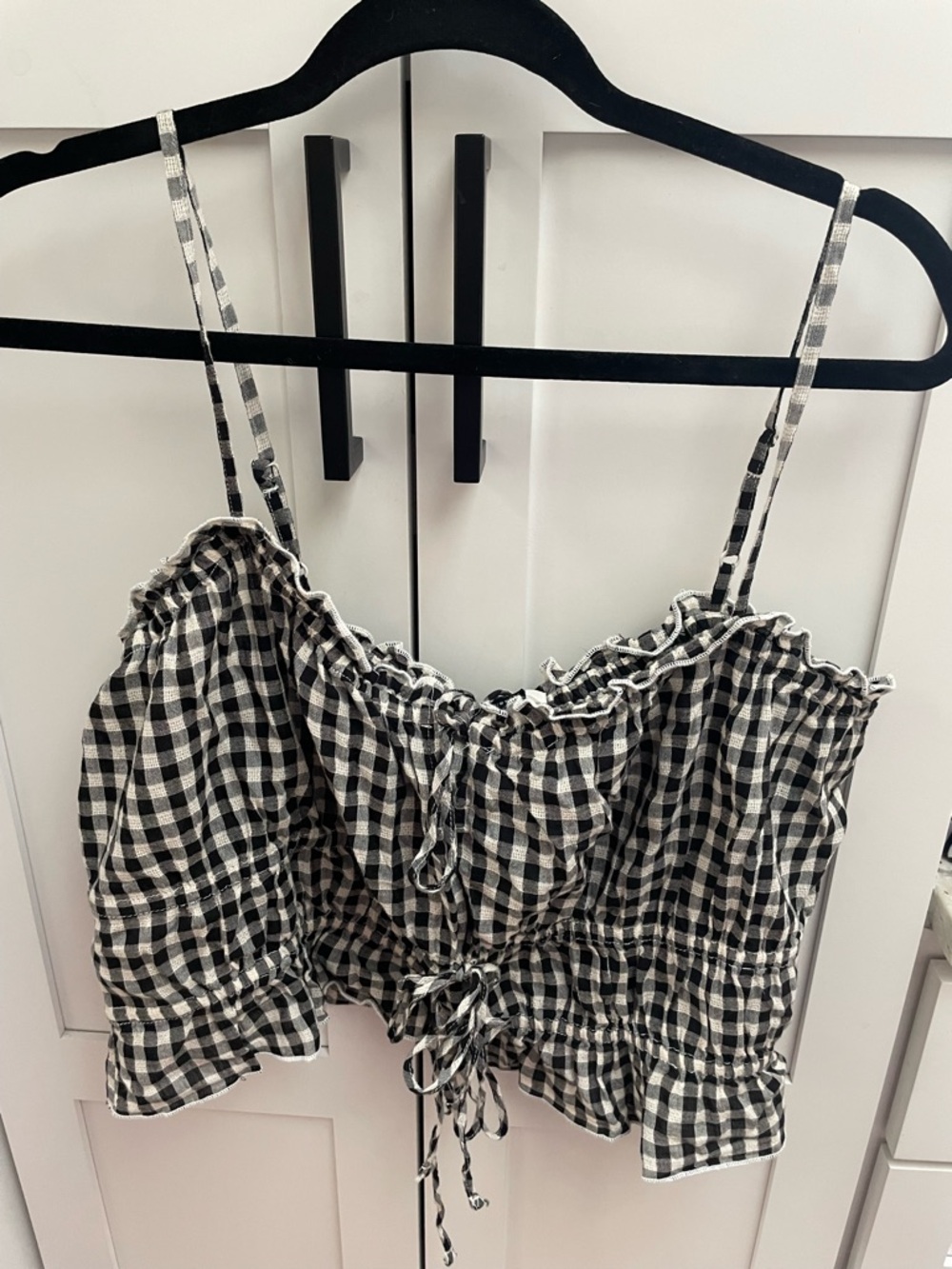 American Eagle  Black & White Gingham Tie-Front Ruffle Cami and wide leg pants